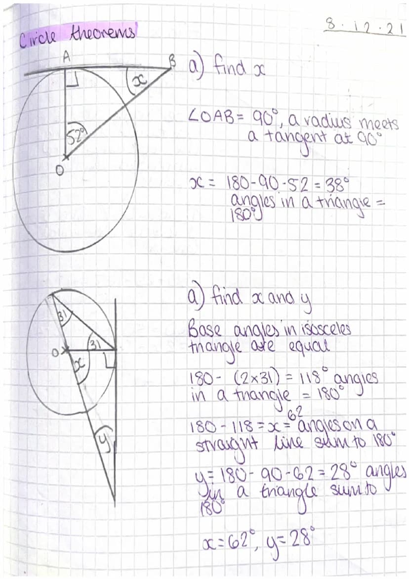 Circle Theorems/
A
For
AB is a diameter
find the value of oc
4COB = 60°
Angles in an equilateral thonie
are 60°
AOC is an isoceles thangle a