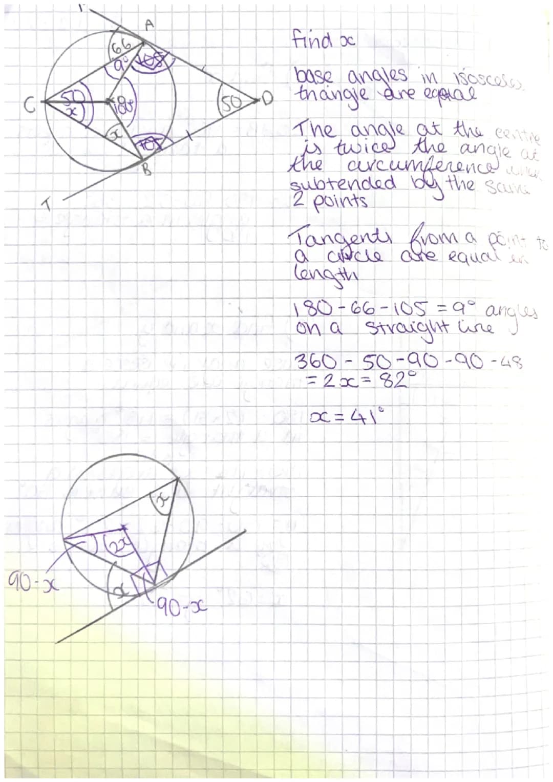 Circle Theorems/
A
For
AB is a diameter
find the value of oc
4COB = 60°
Angles in an equilateral thonie
are 60°
AOC is an isoceles thangle a