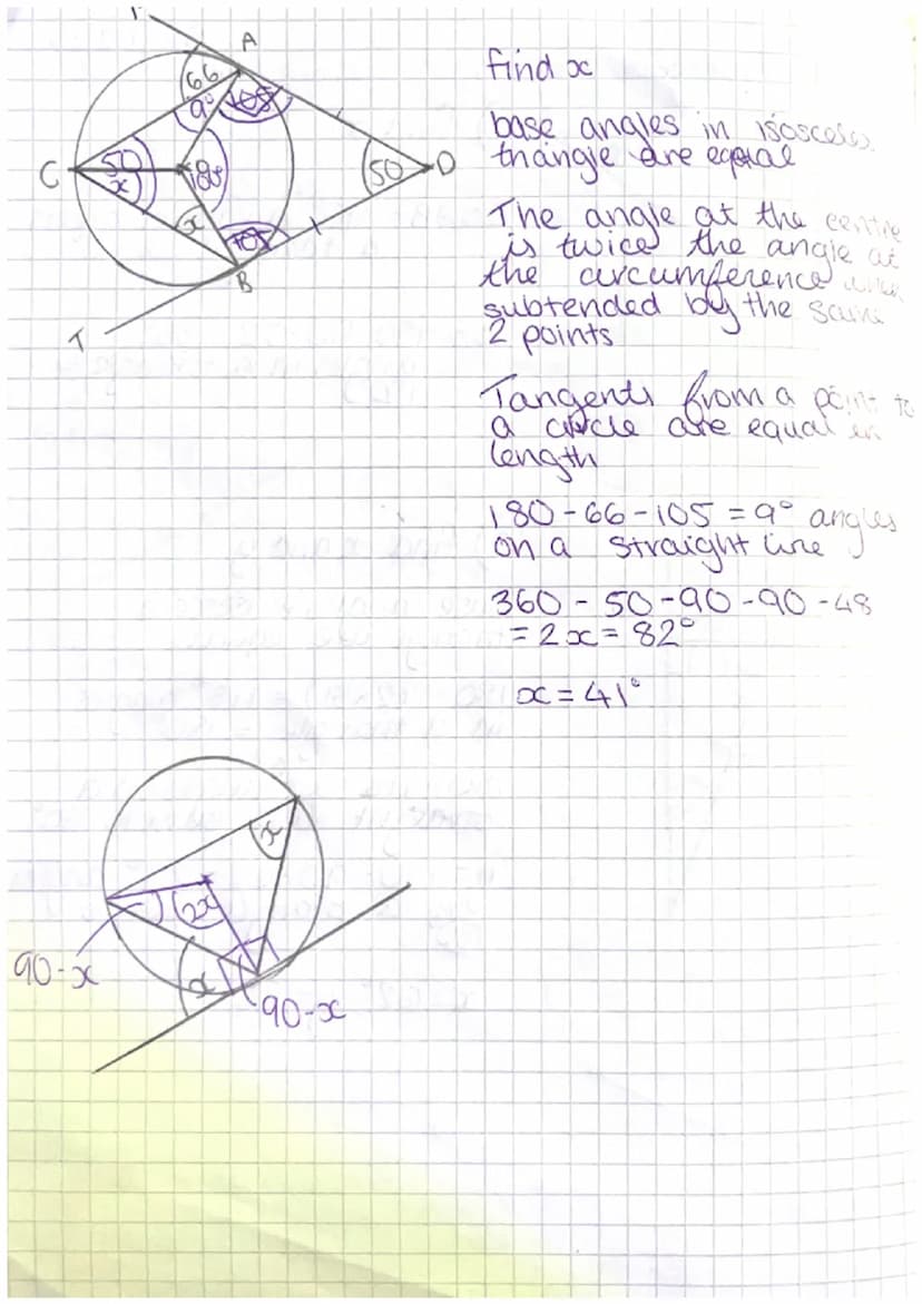 Circle Theorems/
A
For
AB is a diameter
find the value of oc
4COB = 60°
Angles in an equilateral thonie
are 60°
AOC is an isoceles thangle a