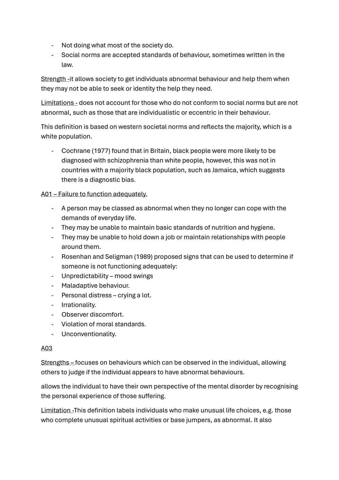 Psychopathology topic notes
A01 Statistical infrequency.
Someone is classed as abnormal if their behaviour is uncommon in the general
popula
