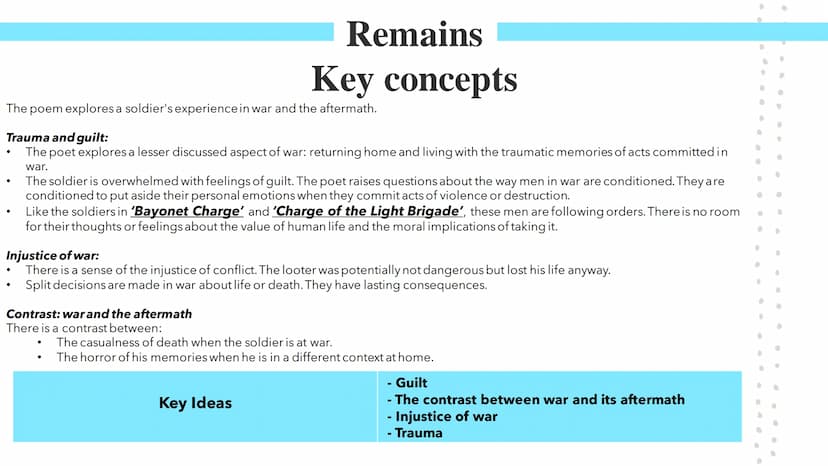 Remains
Poetry GCSEs Remains
In Simon Armitage's Remains, the speaker describes an occasion during war when he shot a looter.
Glossary: Loot