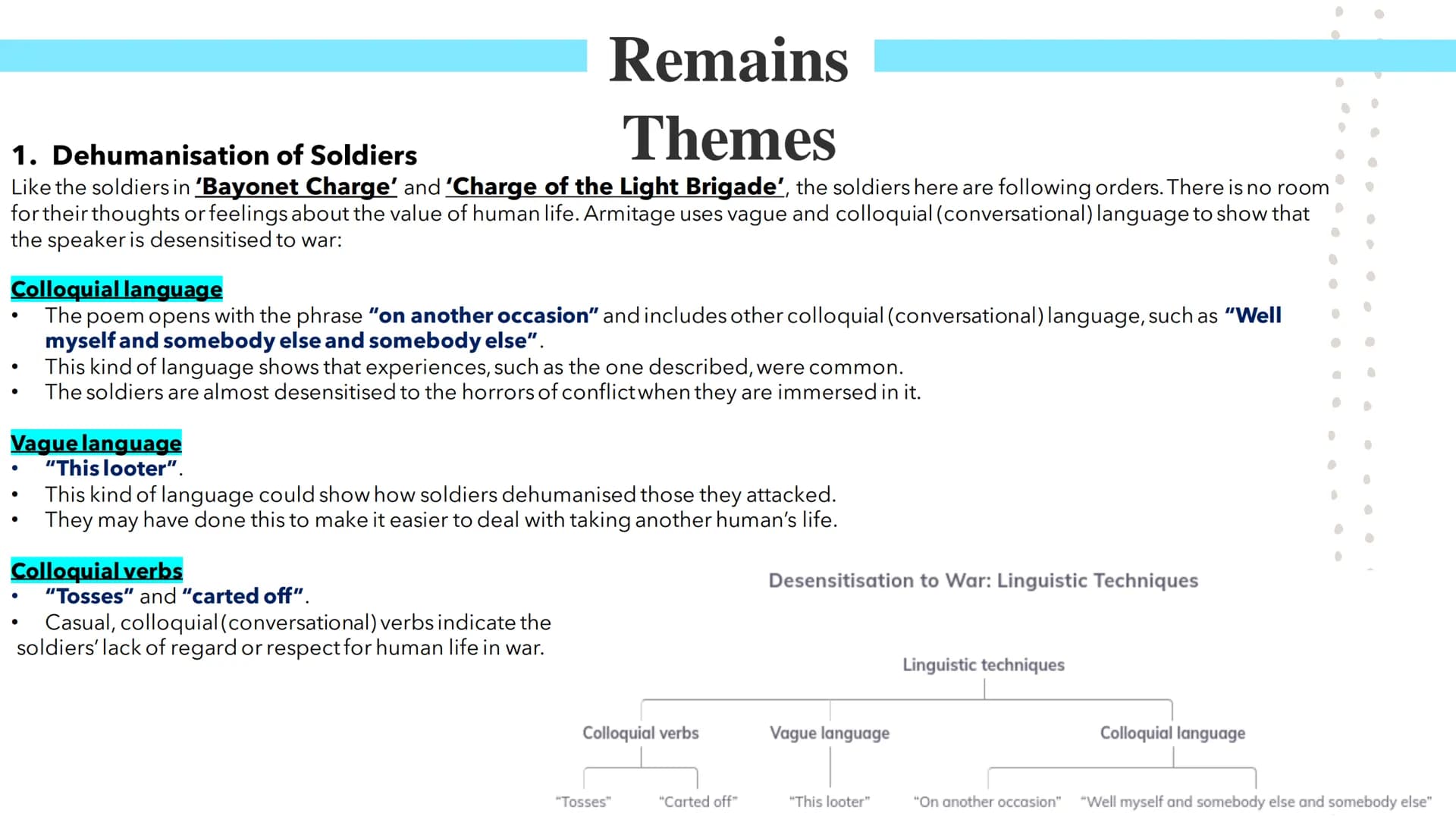 Remains
Poetry GCSEs Remains
In Simon Armitage's Remains, the speaker describes an occasion during war when he shot a looter.
Glossary: Loot