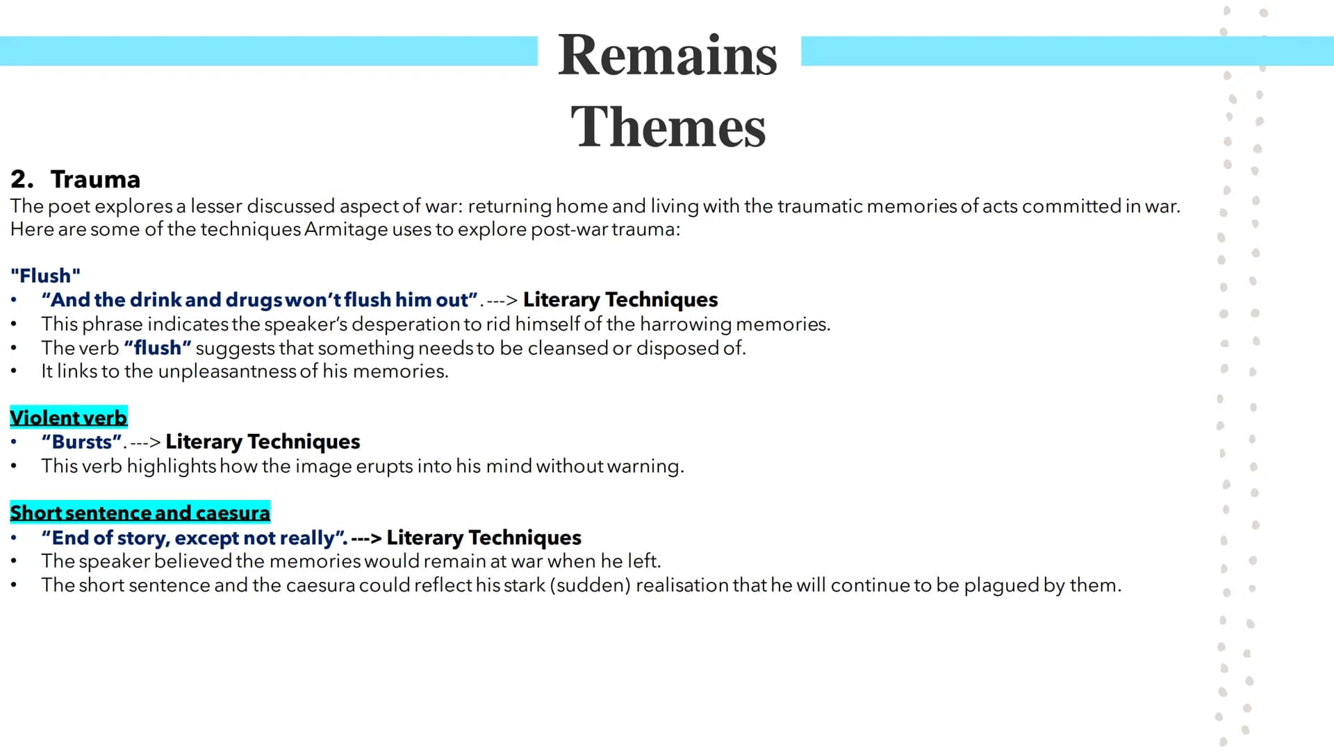 Remains
Poetry GCSEs Remains
In Simon Armitage's Remains, the speaker describes an occasion during war when he shot a looter.
Glossary: Loot