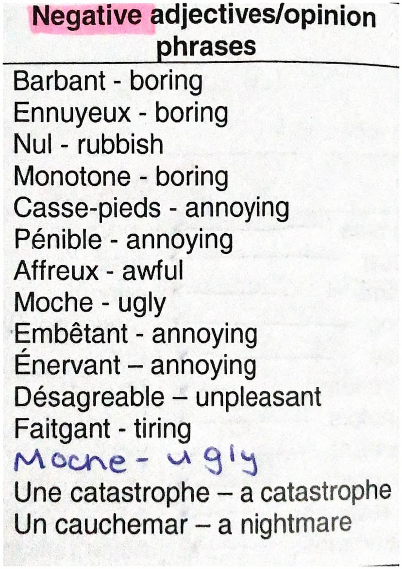Positive adjectives
Sensass-brilliant
Intéressant- interesting
Passionnant - exciting
Formidable - brilliant
Super - great
Chouette - great

