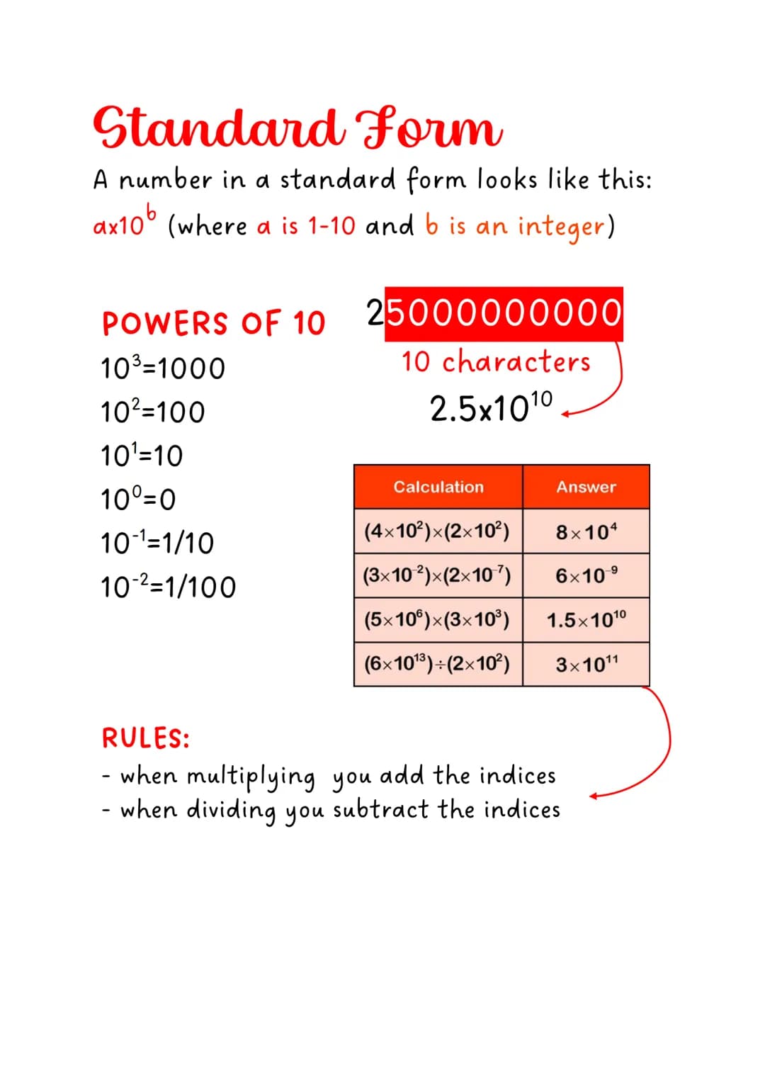 Standard Form
A number in a standard form looks like this:
ax10b (where a is 1-10 and b is an integer)
POWERS OF 10
10³-1000
10²=100
10¹-10
