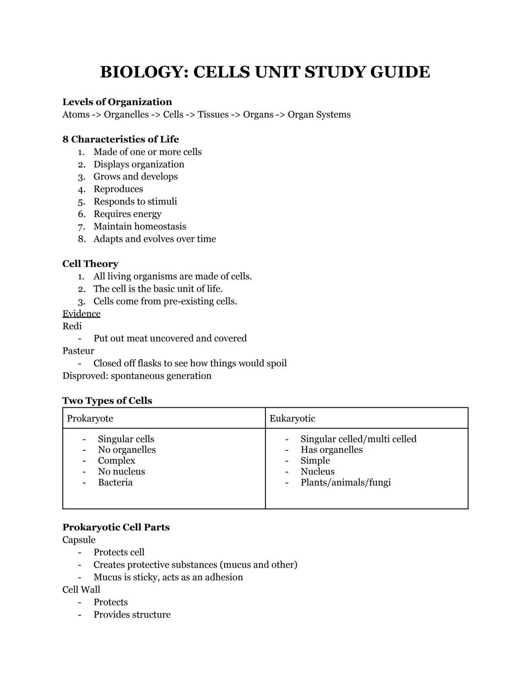 # BIOLOGY: CELLS UNIT STUDY GUIDE

Levels of Organization
Atoms -> Organelles -> Cells -> Tissues -> Organs -> Organ Systems

8 Characterist