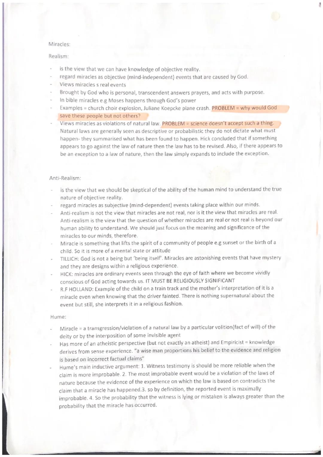 Miracles:
Realism:
is the view that we can have knowledge of objective reality.
regard miracles as objective (mind-independent) events that 