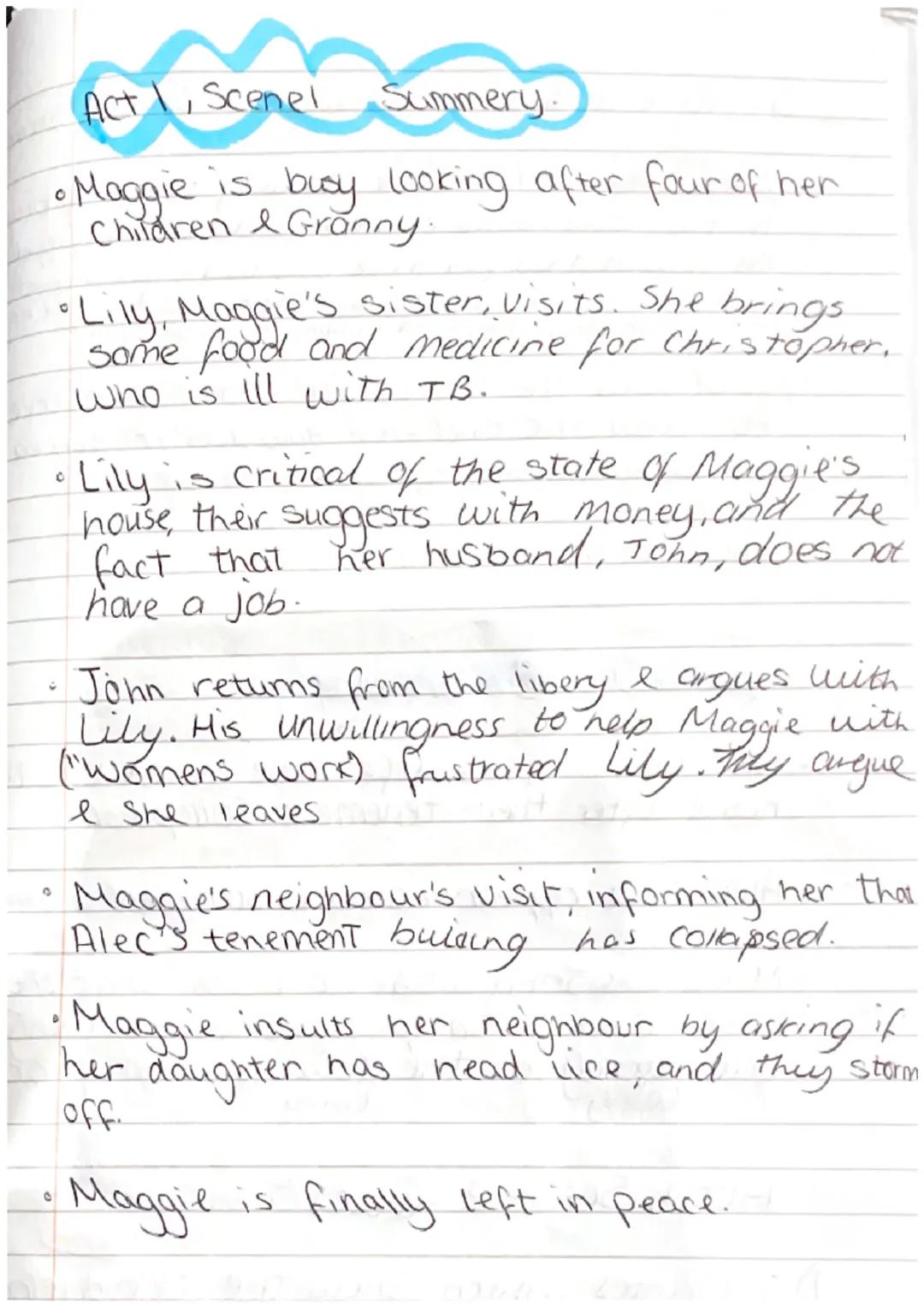 Act I, Scene!
Summery.
• Maggie is busy looking after four of her
Children & Granny.
O
•Lily, Maggie's sister, Visits. She brings
some food 