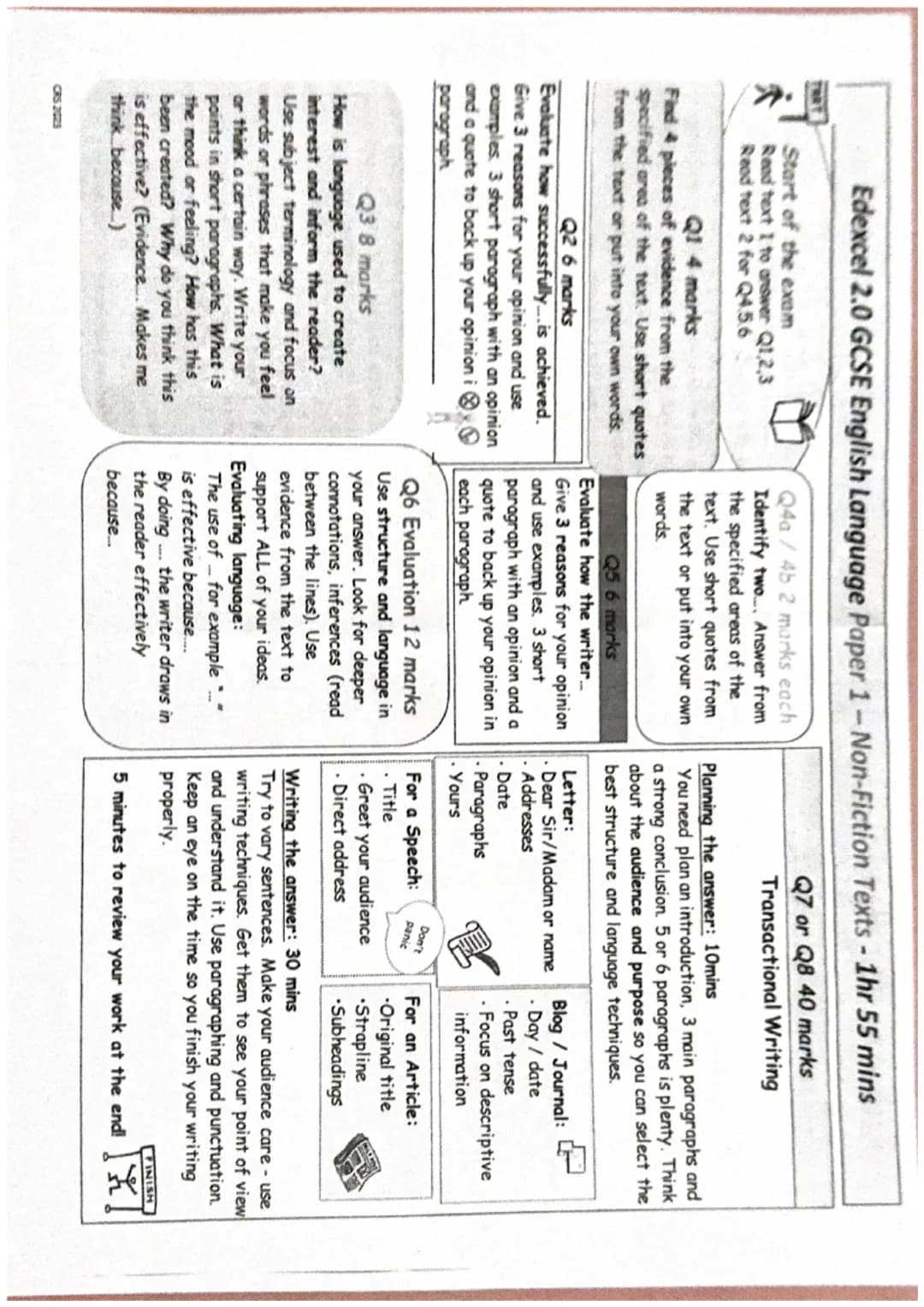 Edexcel 2.0 GCSE English Language Paper 1 - Non-Fiction Texts - 1hr 55 mins
Start of the exam
Read text 1 to answer Q1,2,3
Read text 2 for Q