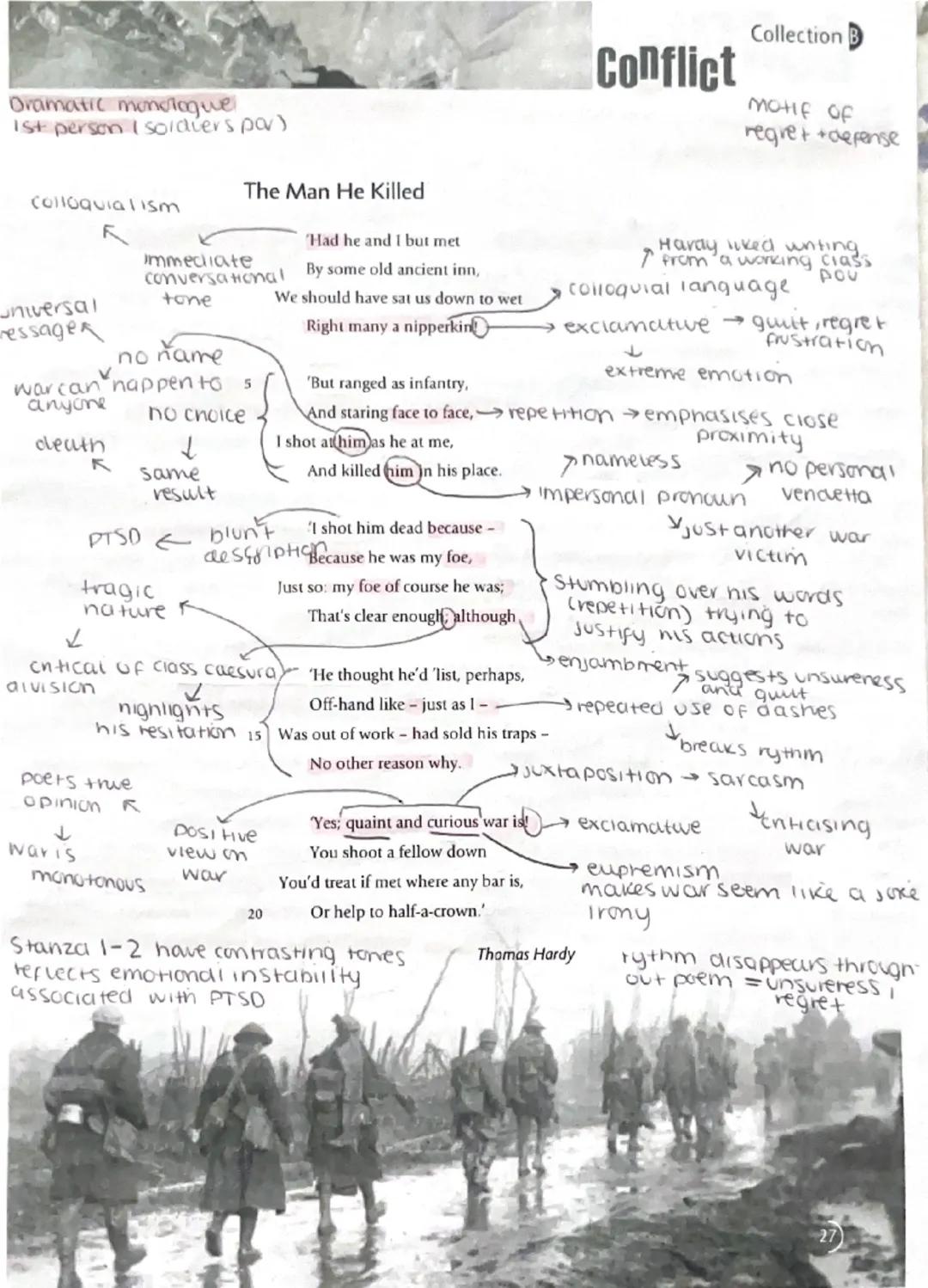 # Conflict

Collection
MOHF OF
regret +defense

Oramatic monologue
1st person I soldiers pov)

colloquialism
The Man He Killed

Universal
re