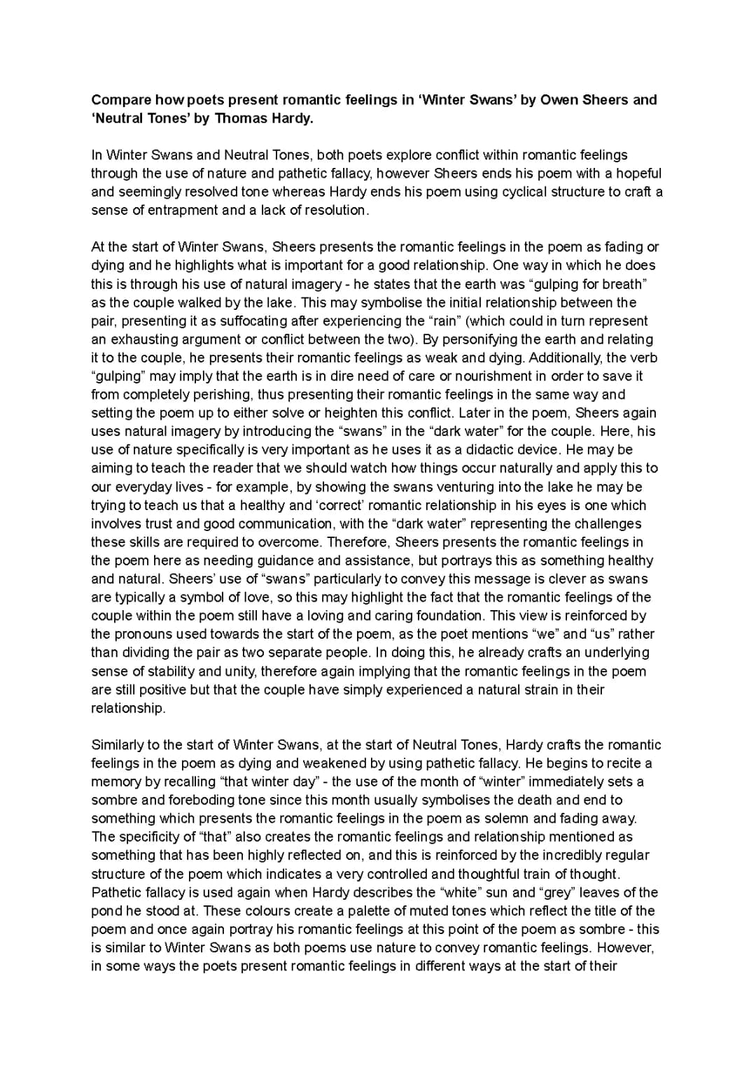 Winter Swans and Neutral Tones Essay - Grade 9 Student's Analysis and Comparisons