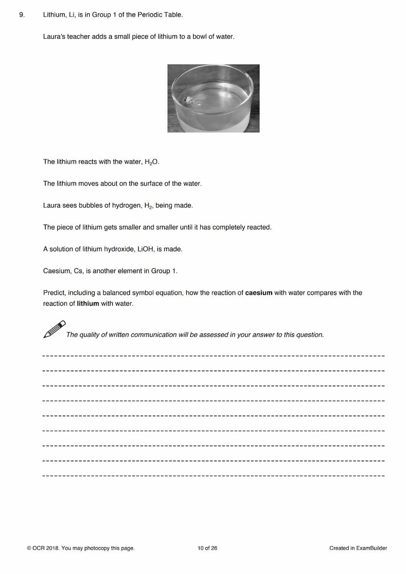 1.
Which statement is correct for a Group 1 element?
Answer all the questions.
A It dissolves in water to form a bleach.
B It is a non-metal