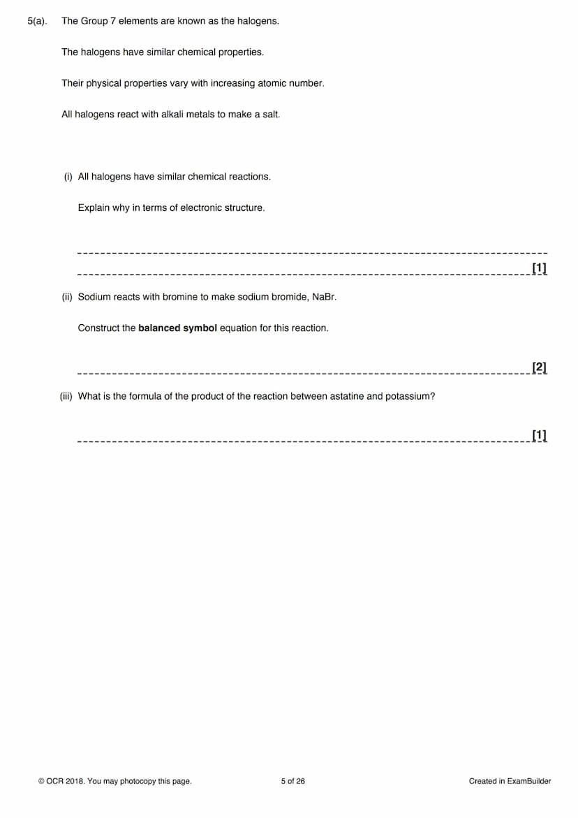 1.
Which statement is correct for a Group 1 element?
Answer all the questions.
A It dissolves in water to form a bleach.
B It is a non-metal