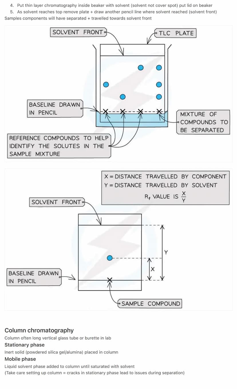 Chromatography
Separates mixtures
3 types
Components in mixture dissolve in fluid (mobile phase) flow through another material (stationary p