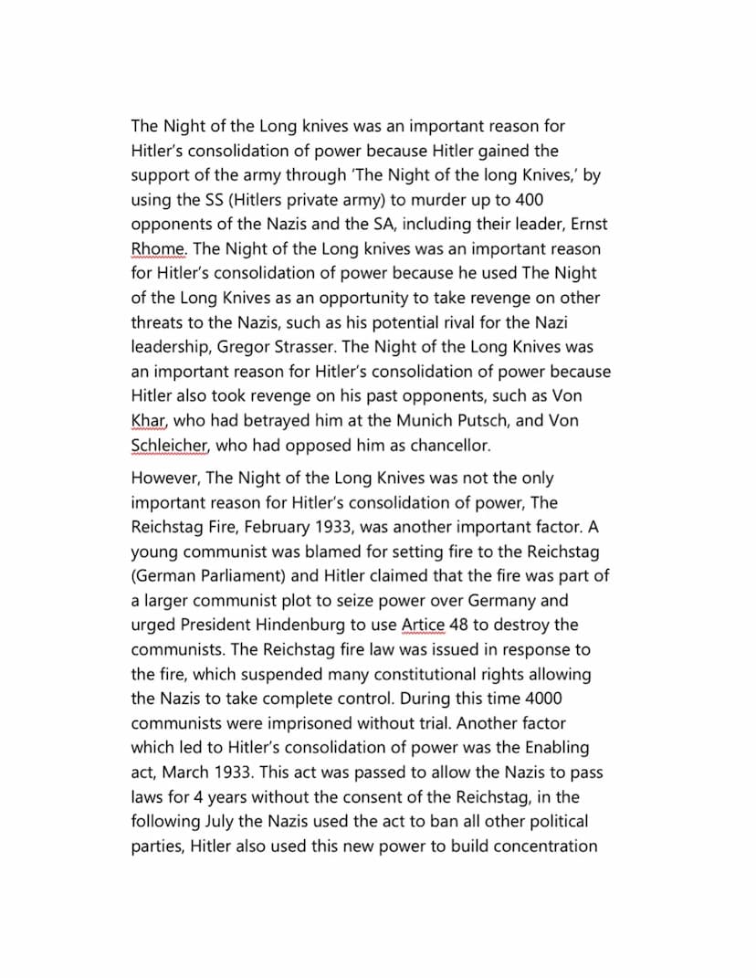 9 MARK SHORT ESSAY
How Important was the Night of the Long Knives for Hitlers
consolidation of power during 1933 and 1934? (9)
The Night of 