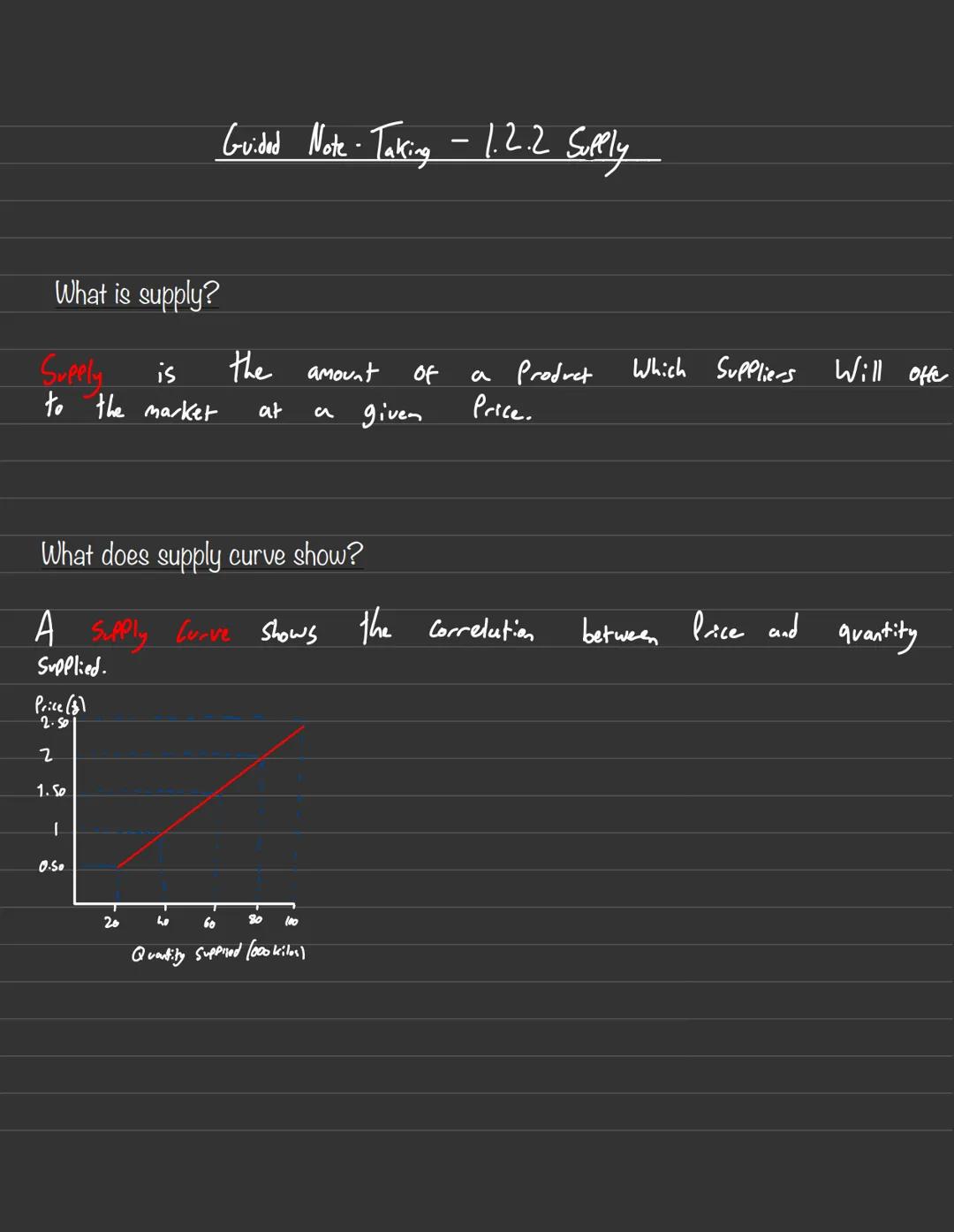 What is supply?
Supply
is
to the market
1.50
I
Guided Note Taking - 1.2.2 Supply
.
What does supply curve show?
A
Supplied.
Price (8)
2.50
2