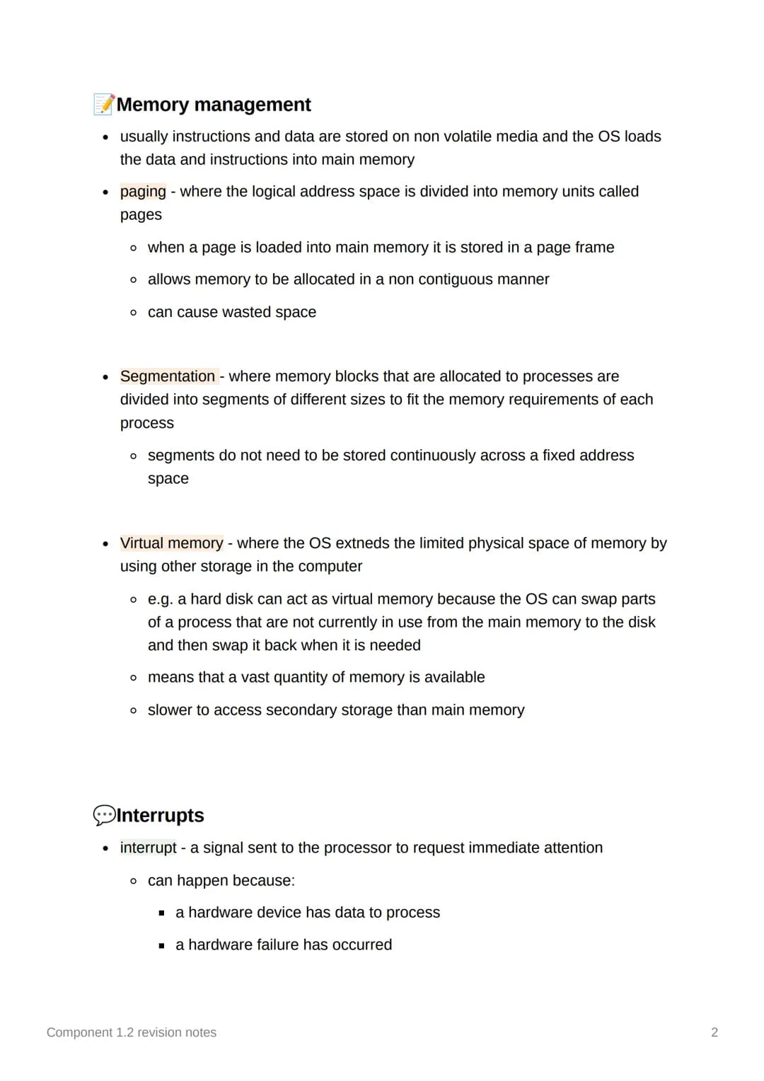 Component 1.2 revision notes
Role of the operating system
• The OS is software that controls the computer's hardware and software
resources
