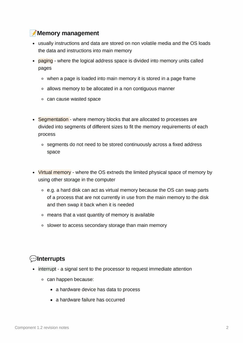 Component 1.2 revision notes
Role of the operating system
• The OS is software that controls the computer's hardware and software
resources
