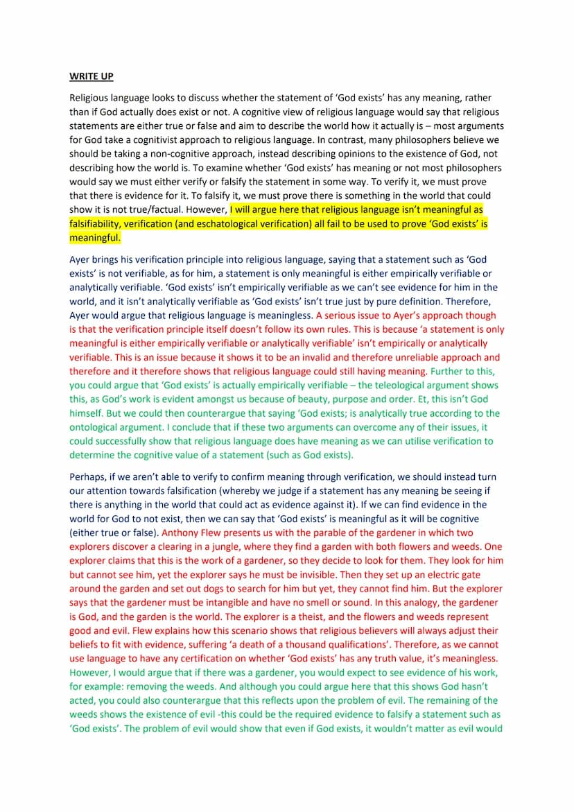 Is religious language meaningful?
[25 Marks]
PLAN
Intro: define verify/falsify
LoA: Religious language isn't meaningful as falsifiability, v