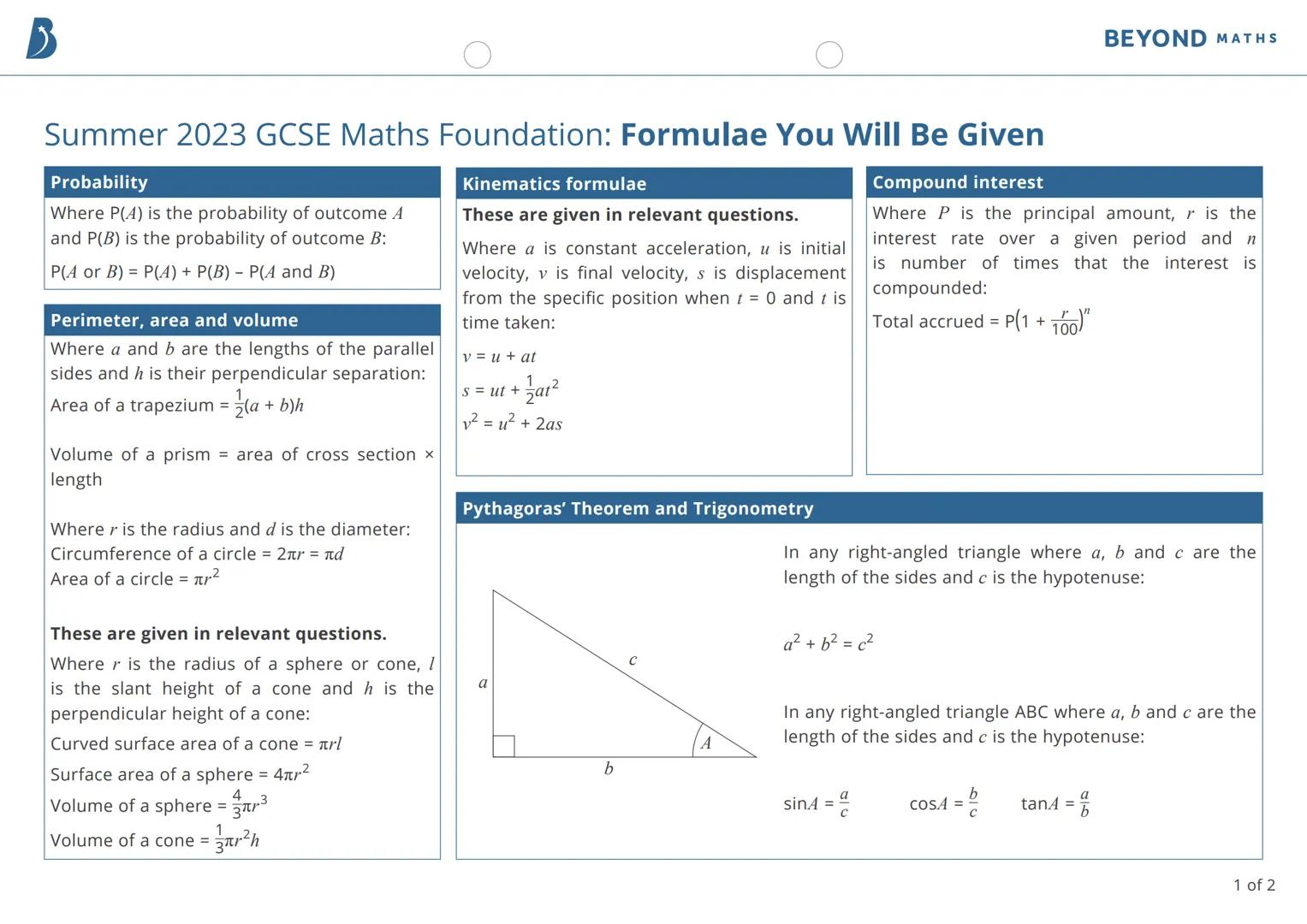 # Summer 2023 GCSE Maths Foundation: Formulae You Will Be Given

## Probability
Where P(A) is the probability of outcome A
and P(B) is the p