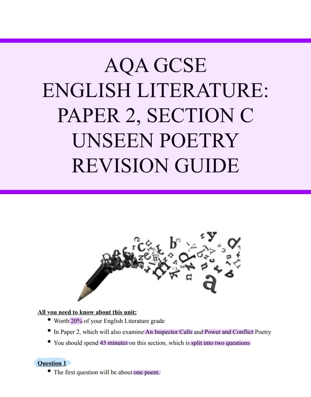 AQA GCSE
ENGLISH LITERATURE:
PAPER 2, SECTION C
UNSEEN POETRY
REVISION GUIDE
se
Question 1
b
The first question will be about one poem.
a
Al