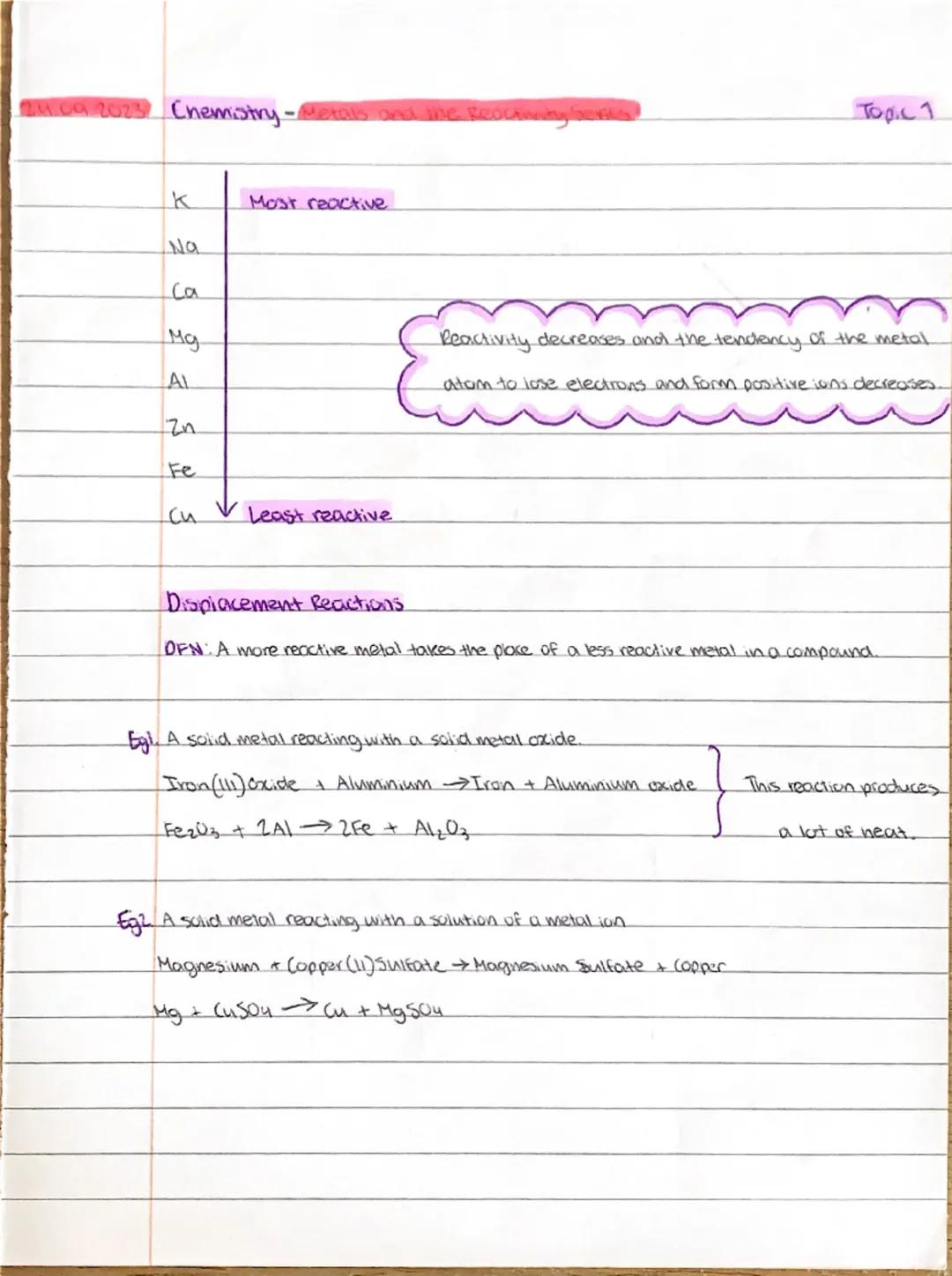 2023 Chemistry-Metals and the Reactivity!
1) Reaction with Air
The reaction between metals and oxygen.
metal + oxygen -> metal oxide
Topic 1