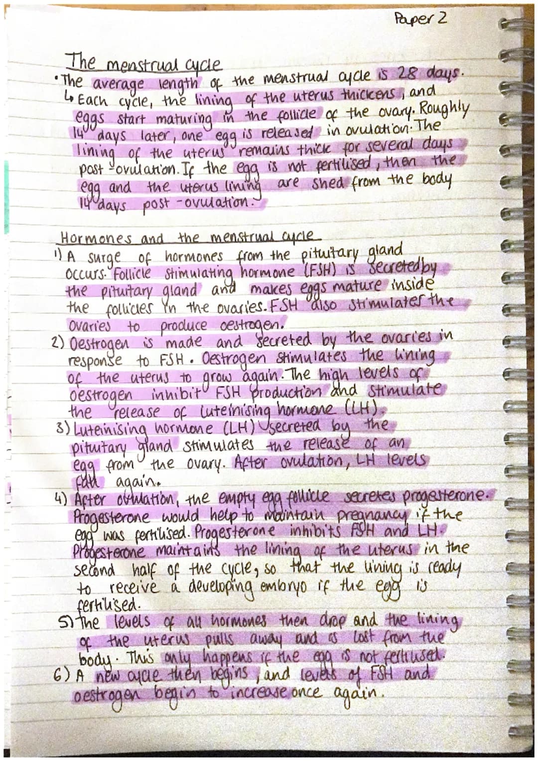 Paper 2
The menstrual cycle
•The average length of the menstrual cycle is 28 days.
to Each cycle, the lining of the uterus thickens, and
egg