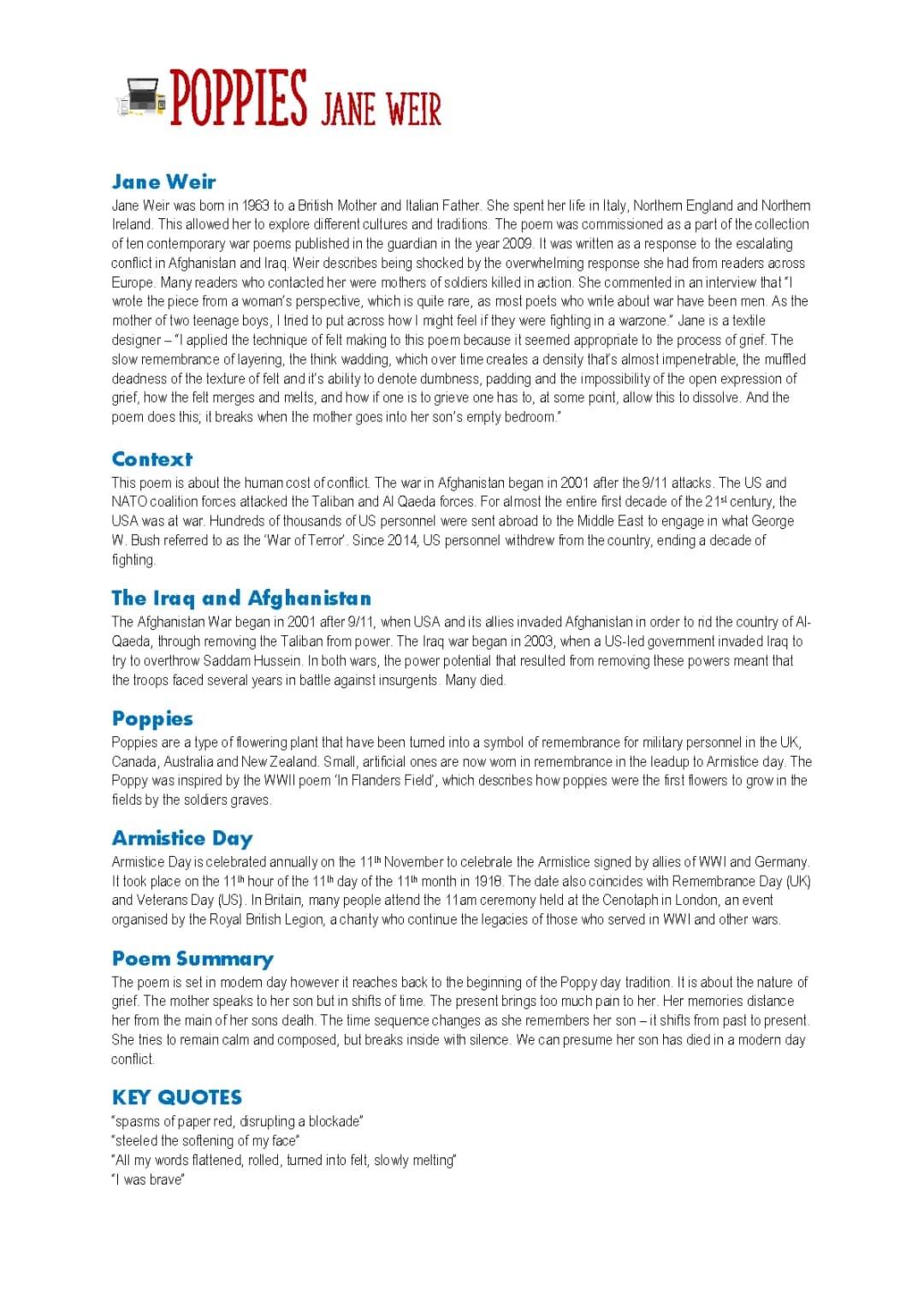 Poppies Context and Summary - Power and Conflict Poetry