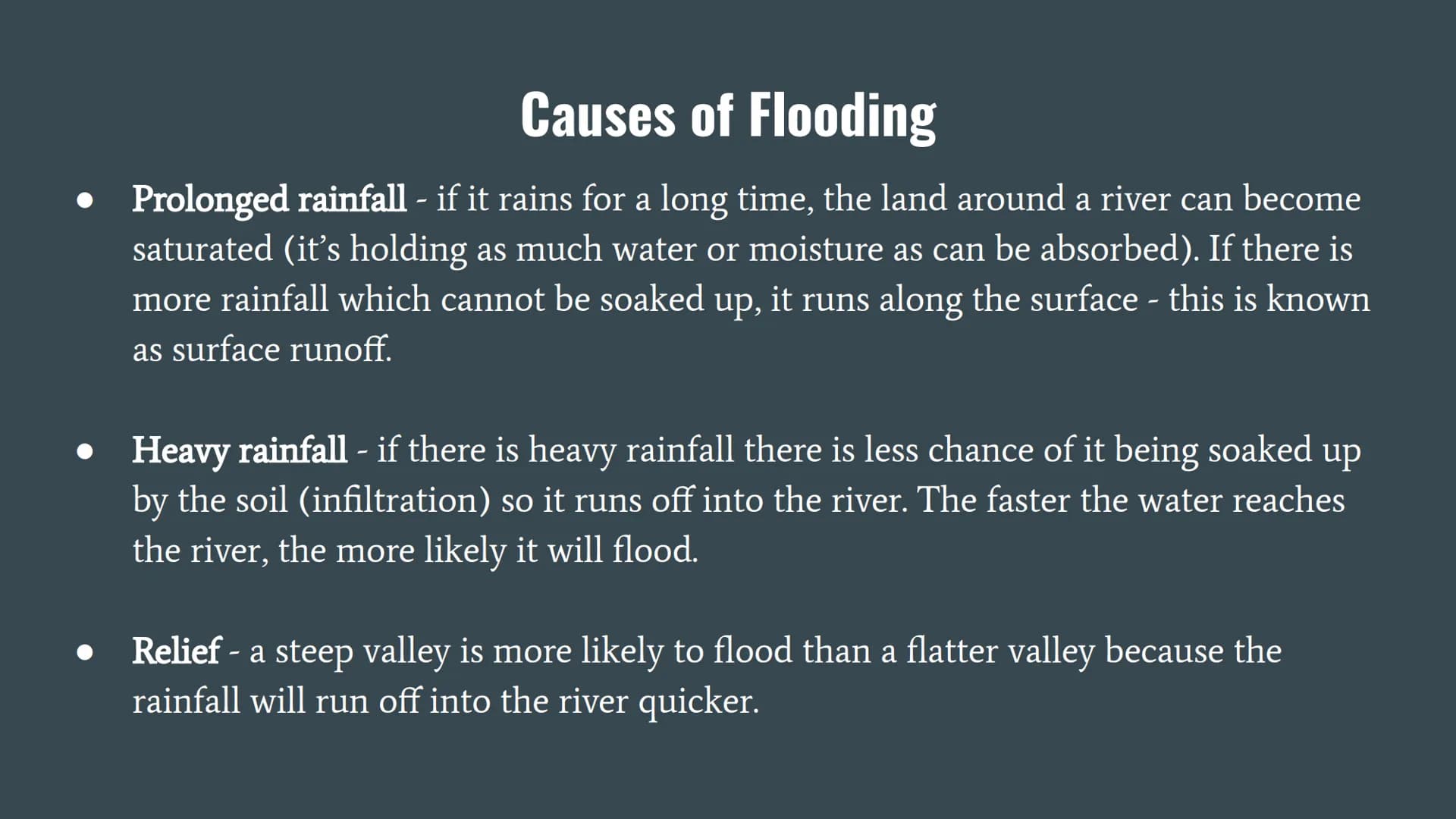 Flood Risk Factors
Flooding occurs when a river bursts its banks and overflows onto the surrounding land.
There are many factors which can c