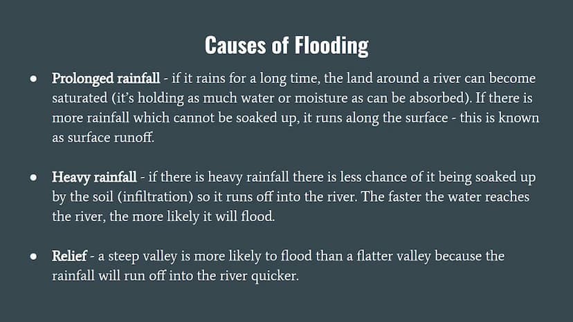 Flood Risk Factors
Flooding occurs when a river bursts its banks and overflows onto the surrounding land.
There are many factors which can c