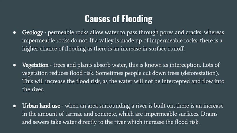Flood Risk Factors
Flooding occurs when a river bursts its banks and overflows onto the surrounding land.
There are many factors which can c