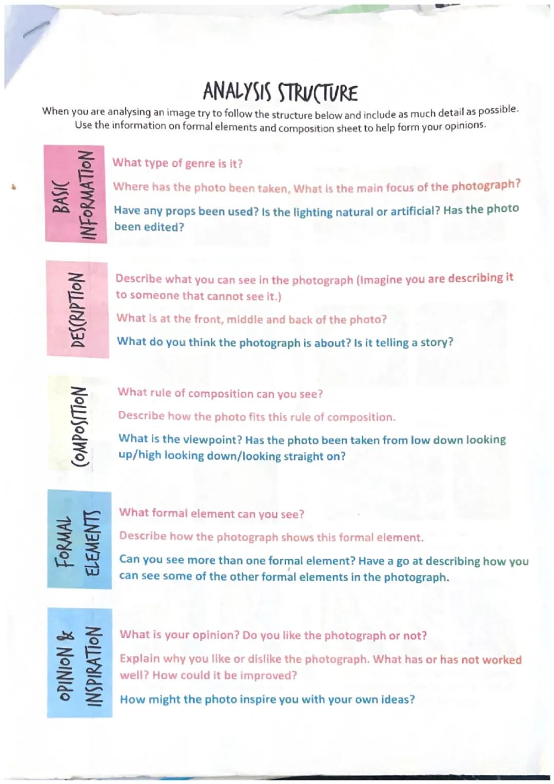 # ANALYSIS STRUCTURE
When you are analysing an image try to follow the structure below and include as much detail as possible.
Use the infor
