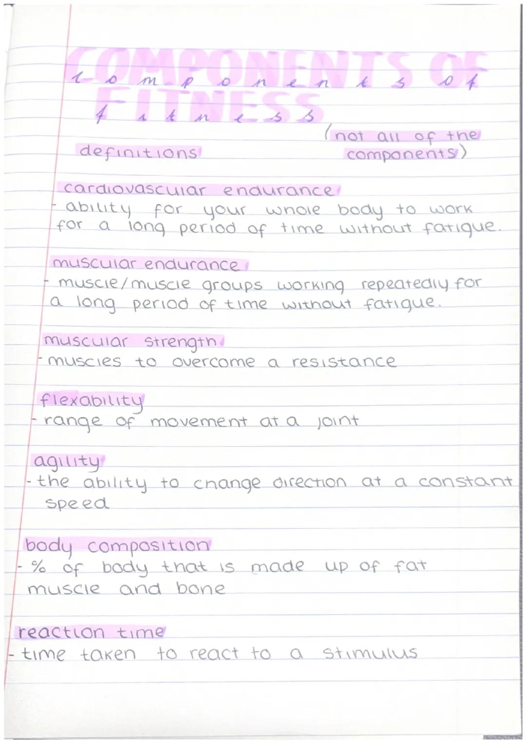 # COMPONENTS OF
# FITNES

definitions!

(not all of the
components)

cardiovascular endurance
- ability for your whole body to work
for a lo