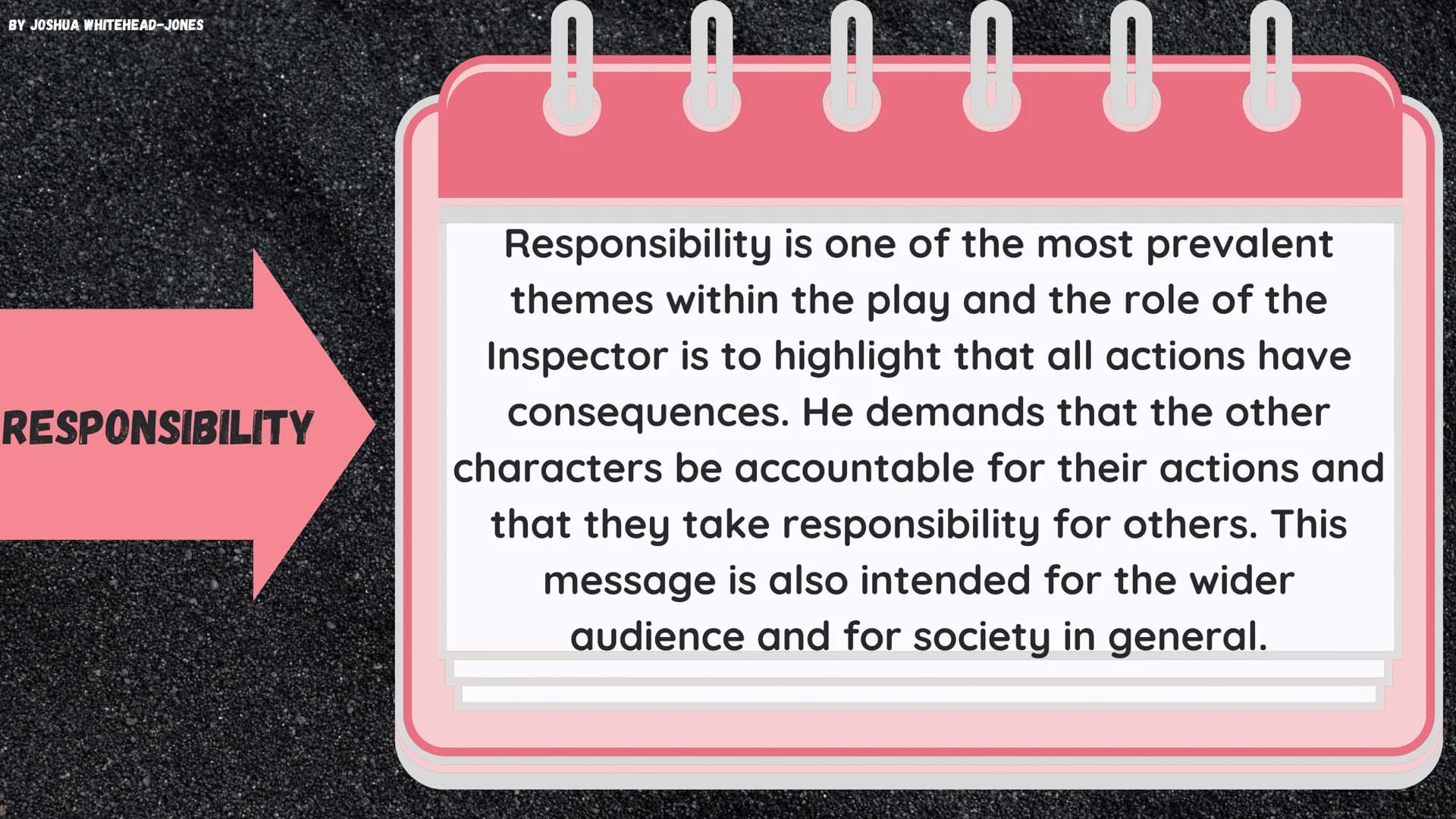 BY JOSHUA WHITEHEAD-JONES
AN INSPECTOR CALLS
Themes and Quotes BY JOSHUA WHITEHEAD-JONES
RESPONSIBILITY
000000
Responsibility is one of the 