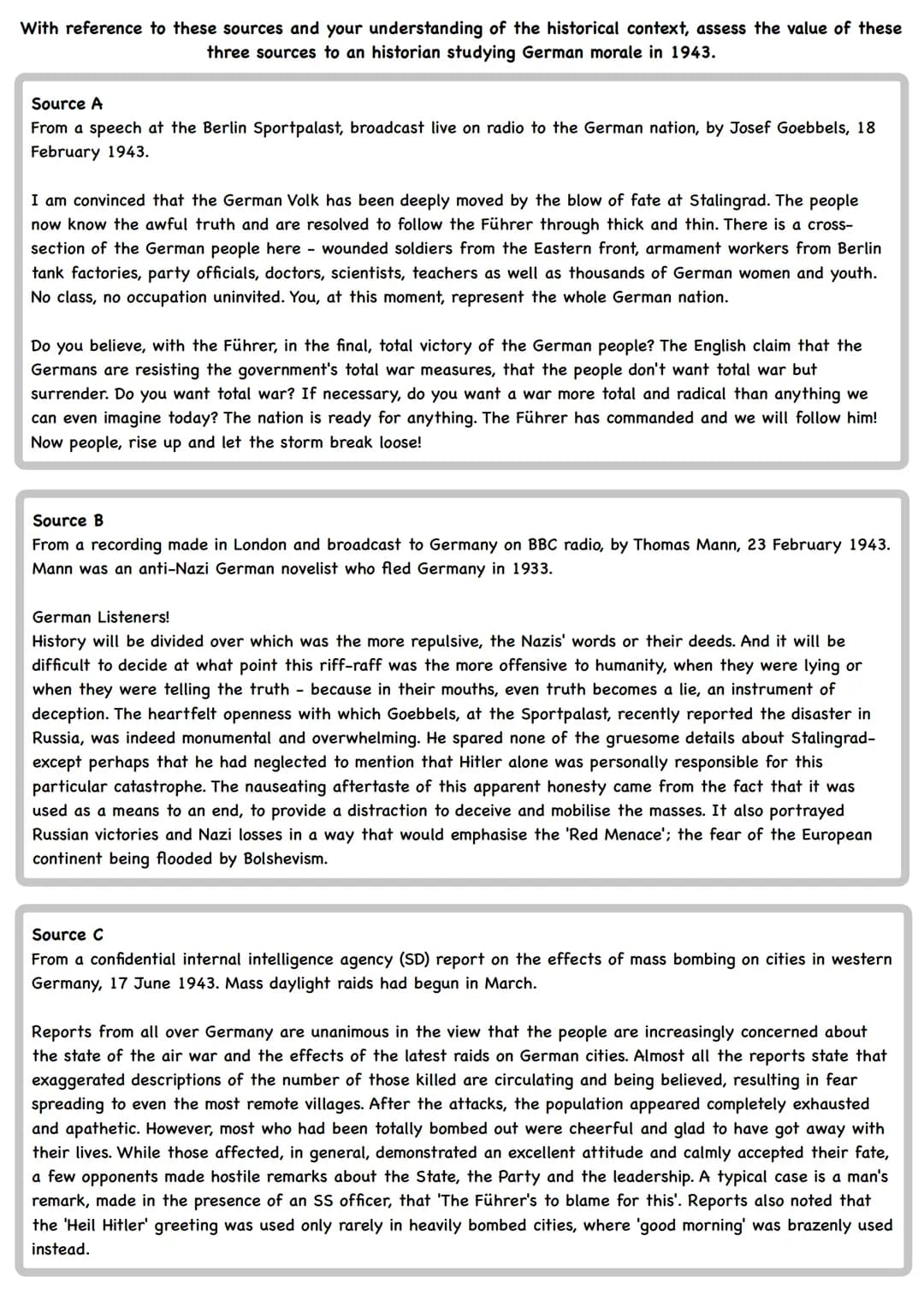 AQA A-Level History
Collection of Primary Source Questions
20 Democracy and Nazism: Germany, 1918-1945
In Section A there will be a compulso