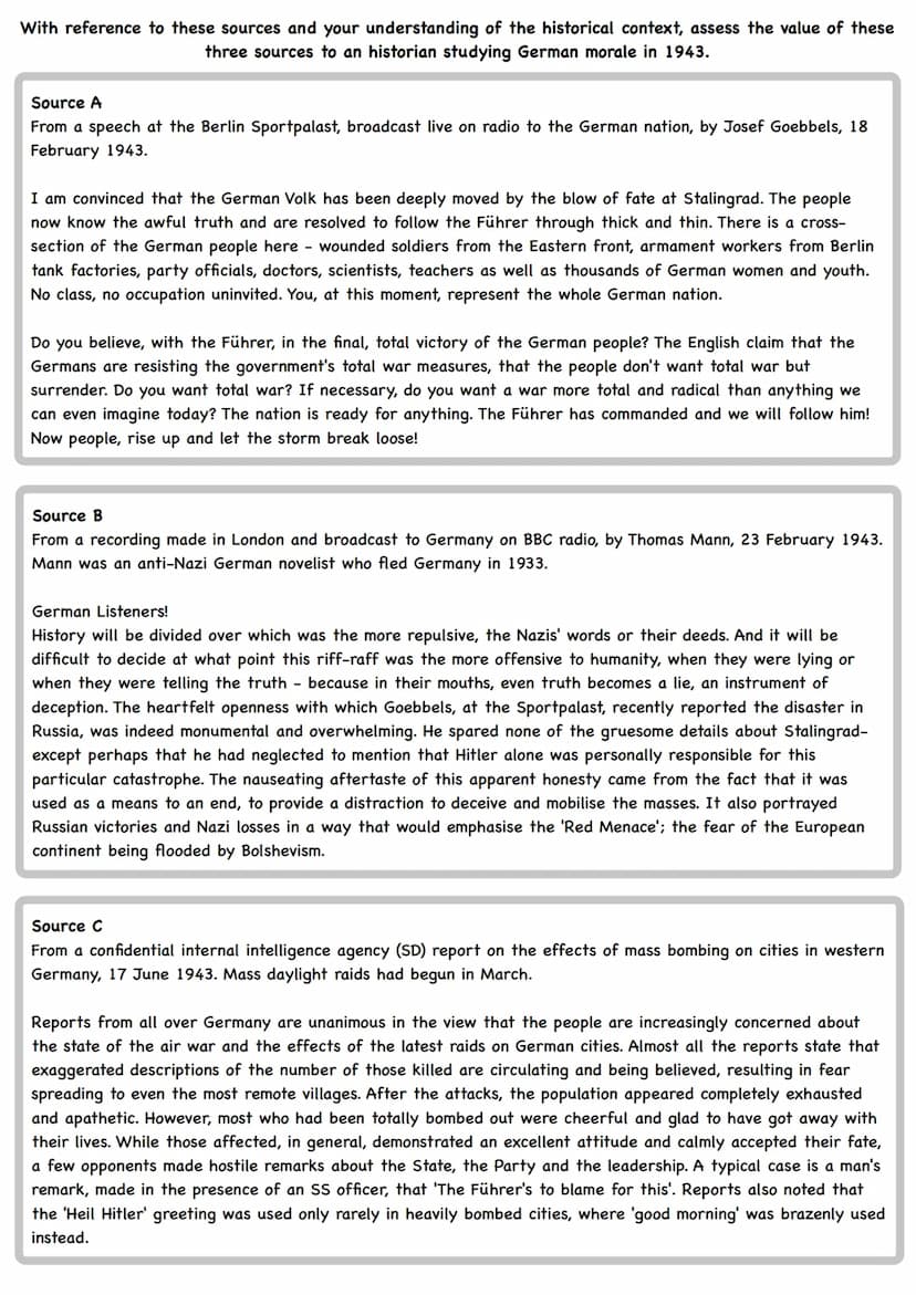 AQA A-Level History
Collection of Primary Source Questions
20 Democracy and Nazism: Germany, 1918-1945
In Section A there will be a compulso