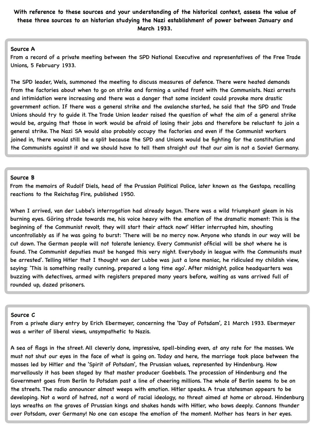 AQA A-Level History
Collection of Primary Source Questions
20 Democracy and Nazism: Germany, 1918-1945
In Section A there will be a compulso