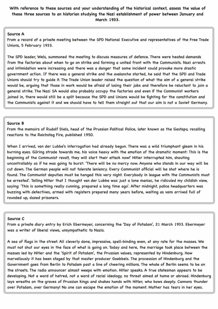 AQA A-Level History
Collection of Primary Source Questions
20 Democracy and Nazism: Germany, 1918-1945
In Section A there will be a compulso
