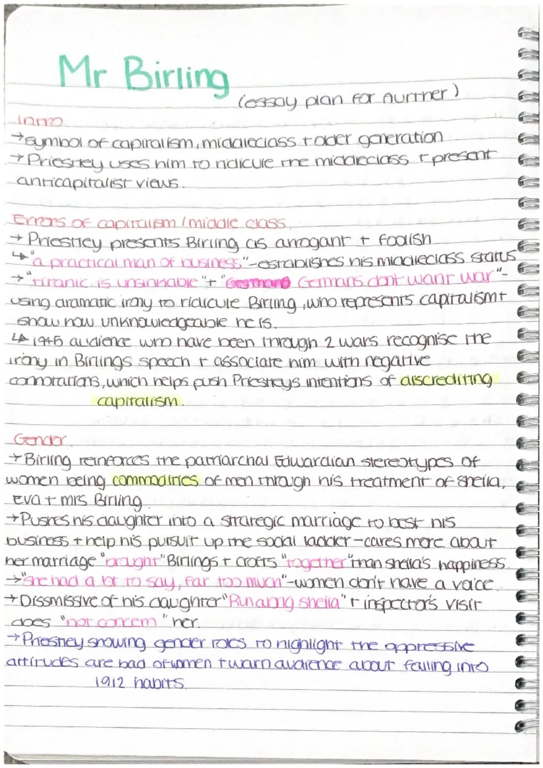 Mr. Birling
(essay plan for Aurther)
info
→symbol of capitalism, middicciass rader generation
→ Priesney uses him to nidicure the middleclas