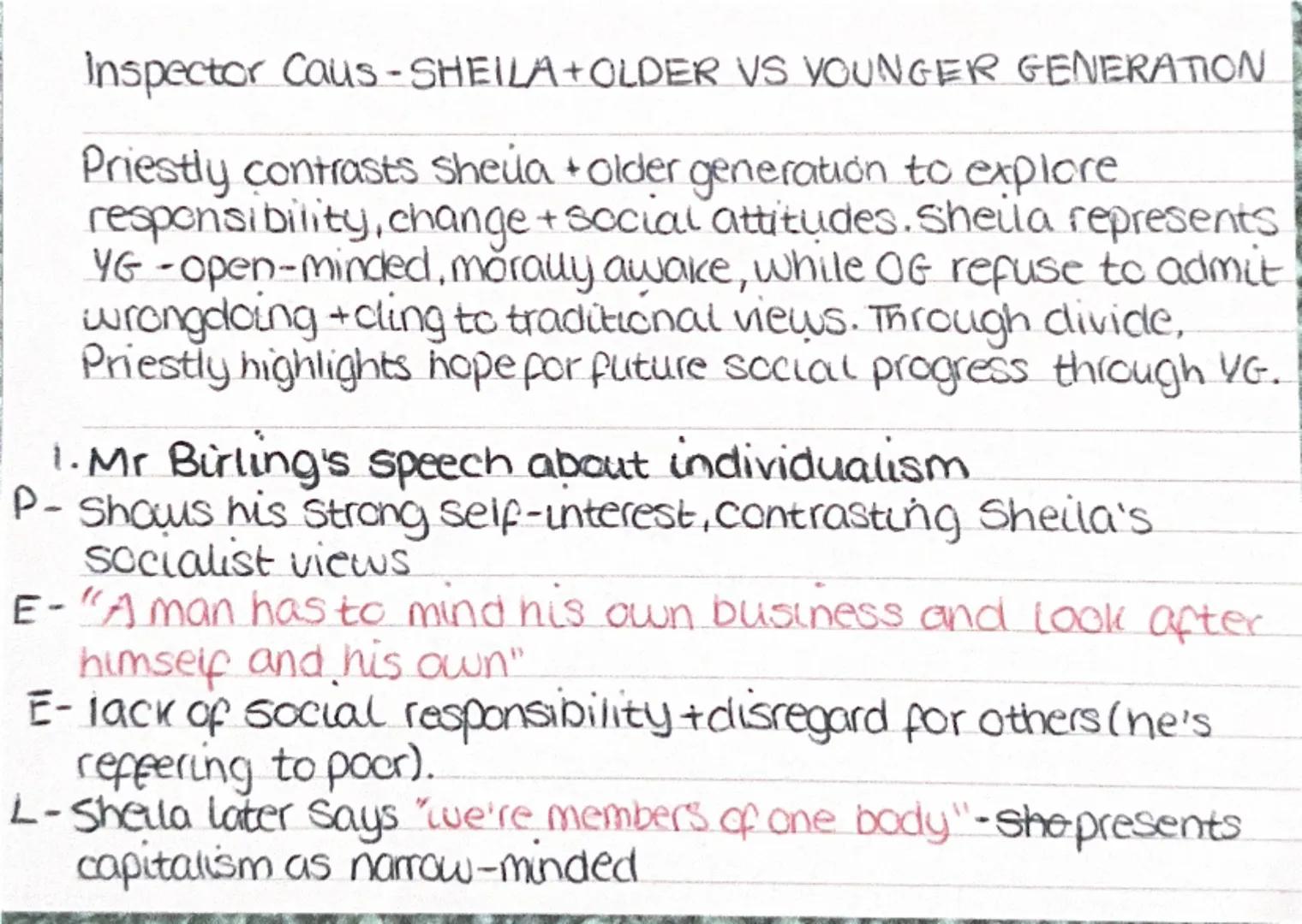 inspector Calls- CAPITALISM VS SOCIALISMEMRBIRLING)
Mr Birling represents C views, believing in individual sucess,
profit + responsibility r