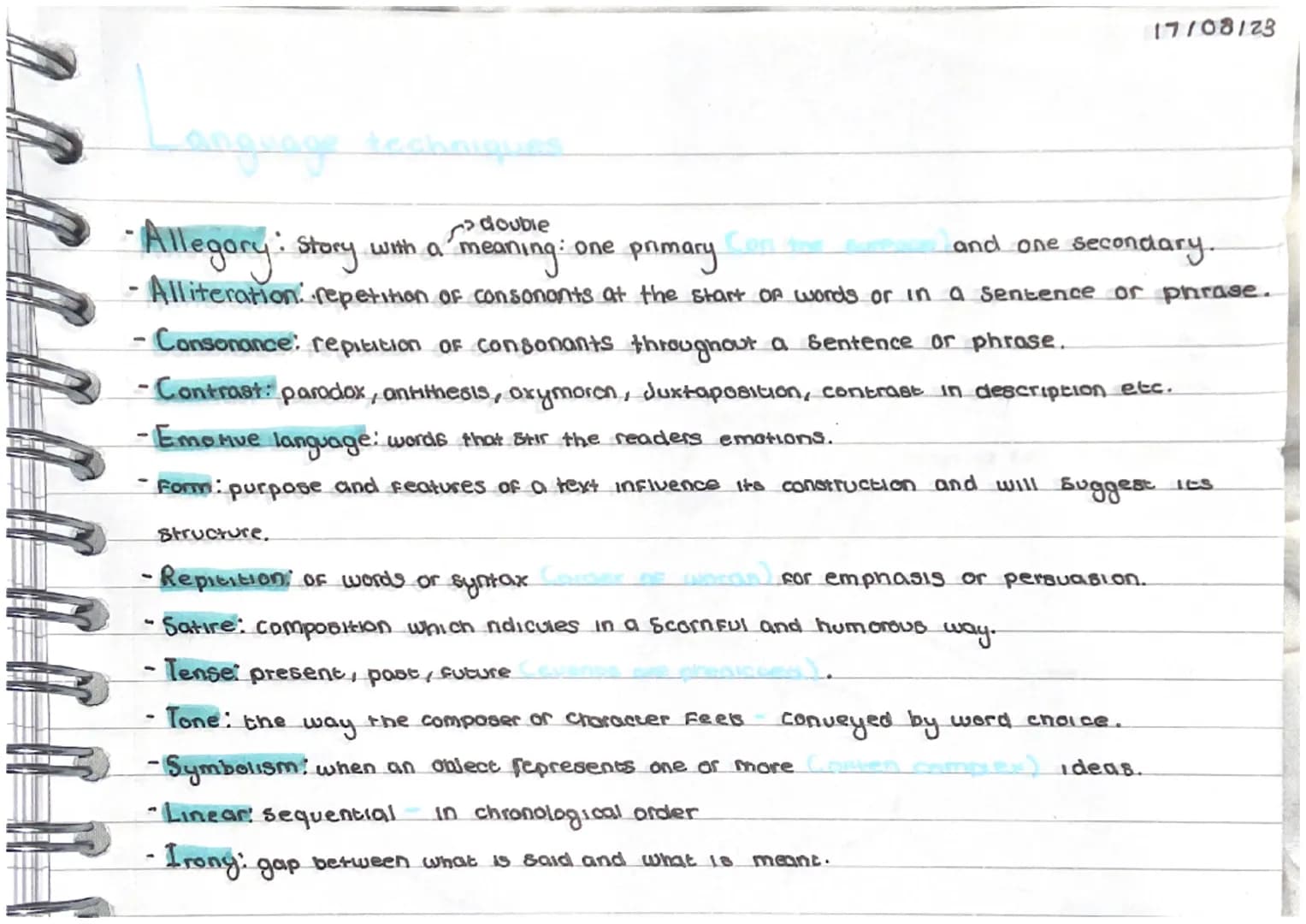 anguage techniques
•Allegory: story with a
double
meaning: one primary
and one sec
econdary.
Alliteration repetition of consonants at the st