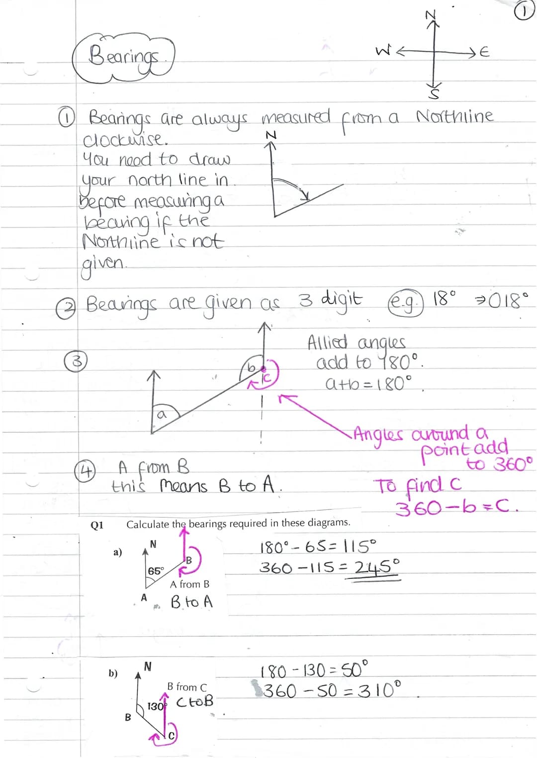 Bearings
10 Bearings are always measured from a Northline
clockwise.
N
3
(4)
You need to draw.
your north line in.
before measuring a
bearin