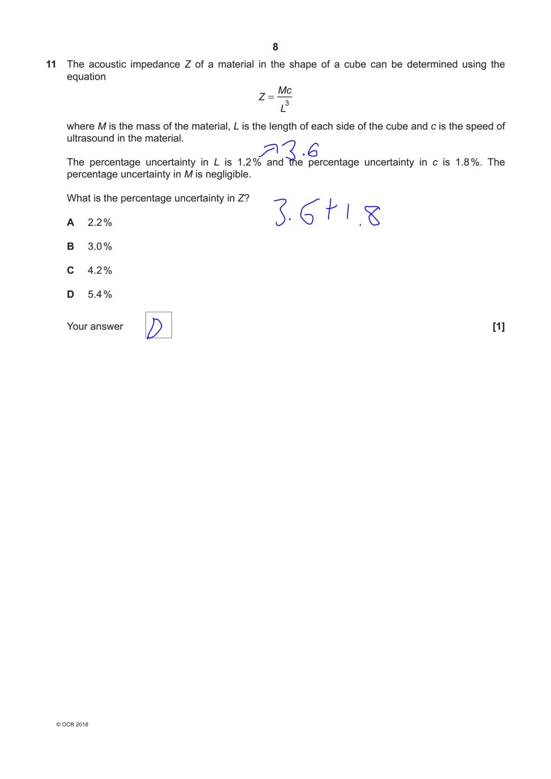 6905012258
OCR
Oxford Cambridge and RSA
A Level Physics A
H556/02 Exploring physics
Friday 8 June 2018 - Morning
Time allowed: 2 hours 15 mi