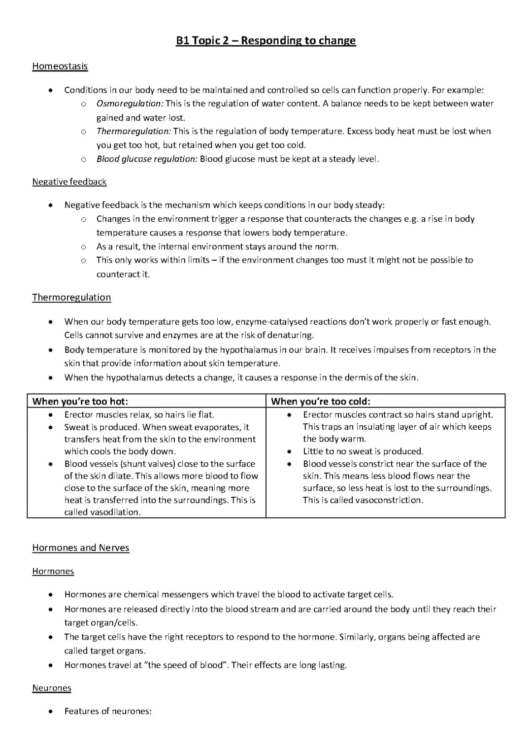 Biology GCSE Edexcel B1 Topic 2: Homeostasis, Thermoregulation, and Negative Feedback Explained