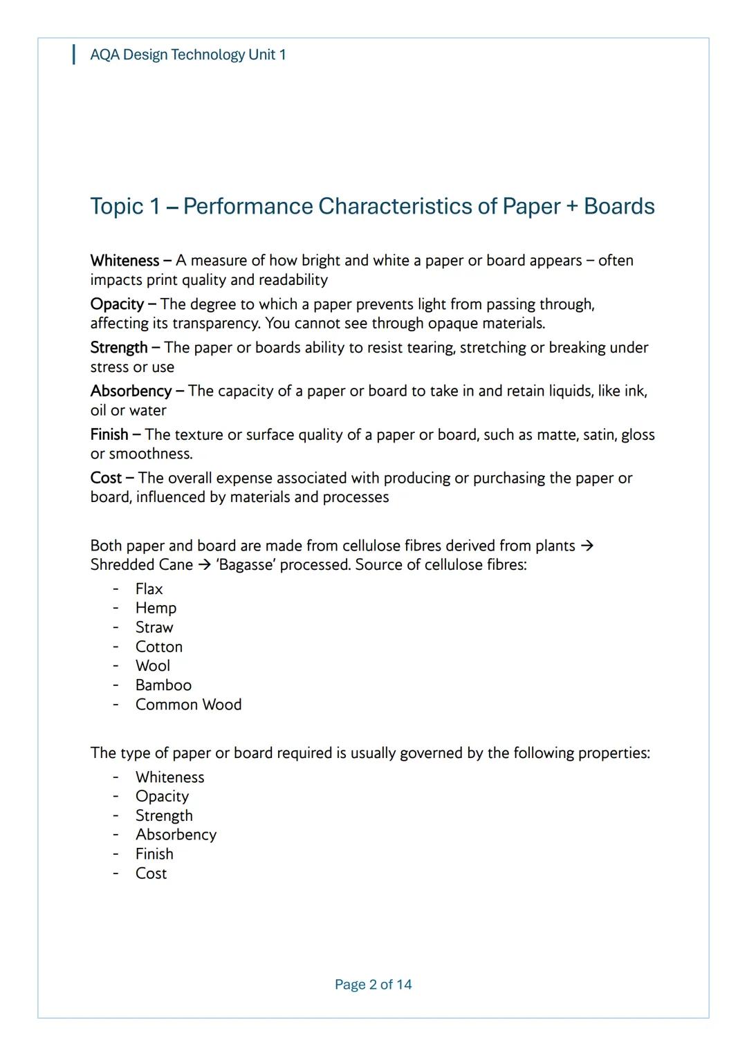 AQA Design Technology Unit 1
AQA
Design Technology
Unit 1
Content
Notes
Page 1 of 14 AQA Design Technology Unit 1
Topic 1 - Performance Char
