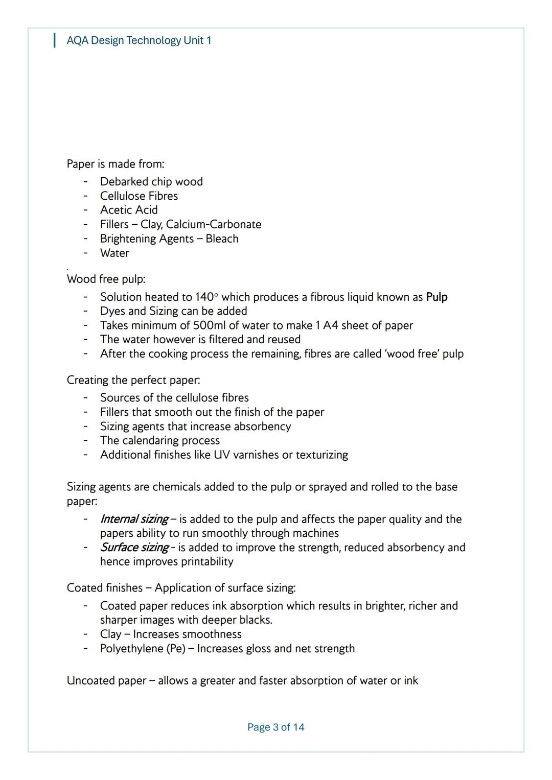 AQA Design Technology Unit 1
AQA
Design Technology
Unit 1
Content
Notes
Page 1 of 14 AQA Design Technology Unit 1
Topic 1 - Performance Char