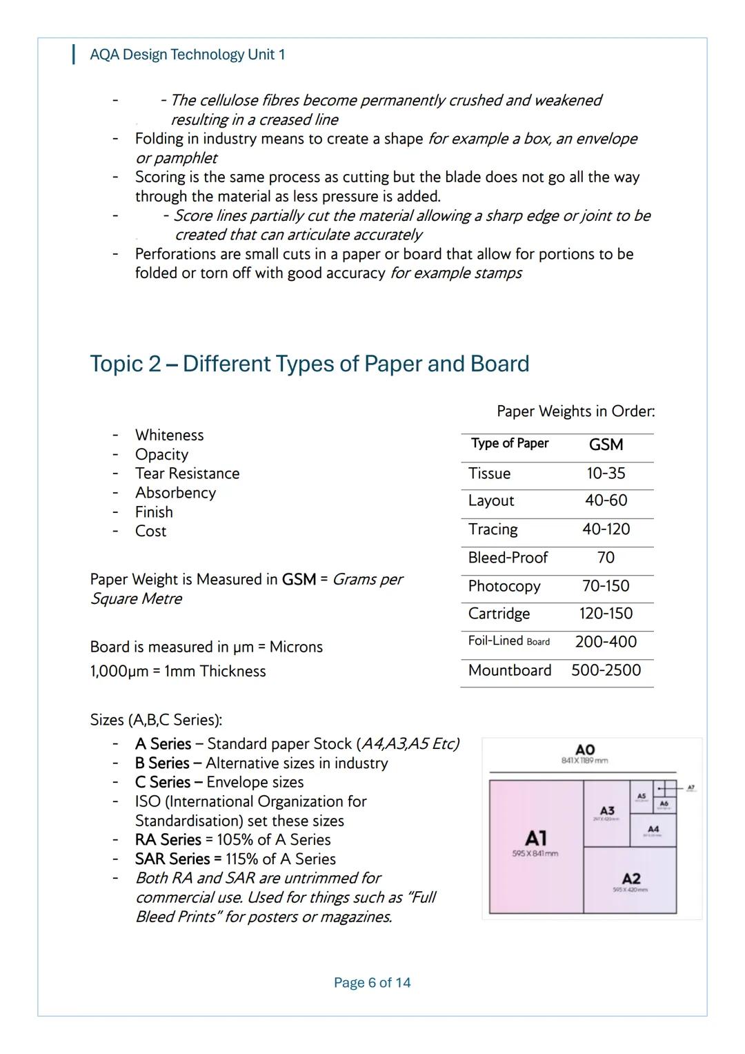 AQA Design Technology Unit 1
AQA
Design Technology
Unit 1
Content
Notes
Page 1 of 14 AQA Design Technology Unit 1
Topic 1 - Performance Char