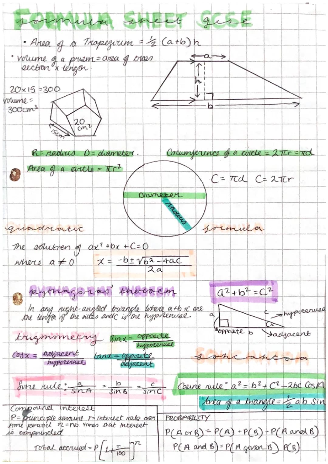 Formul
Comuca sheet gisk
• Area of a Trapezirem = 1½/2 (a+b)h
• volume
section x
of a prisim = area of cross
tengon
20x15=300
volume=
300cm³