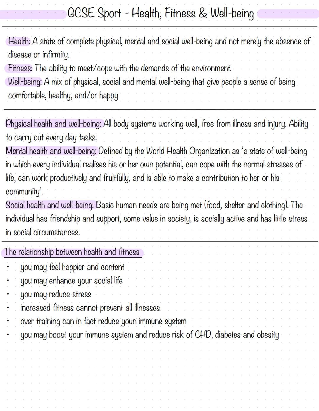 # GCSE Sport - Health, Fitness & Well-being

Health: A state of complete physical, mental and social well-being and not merely the absence o