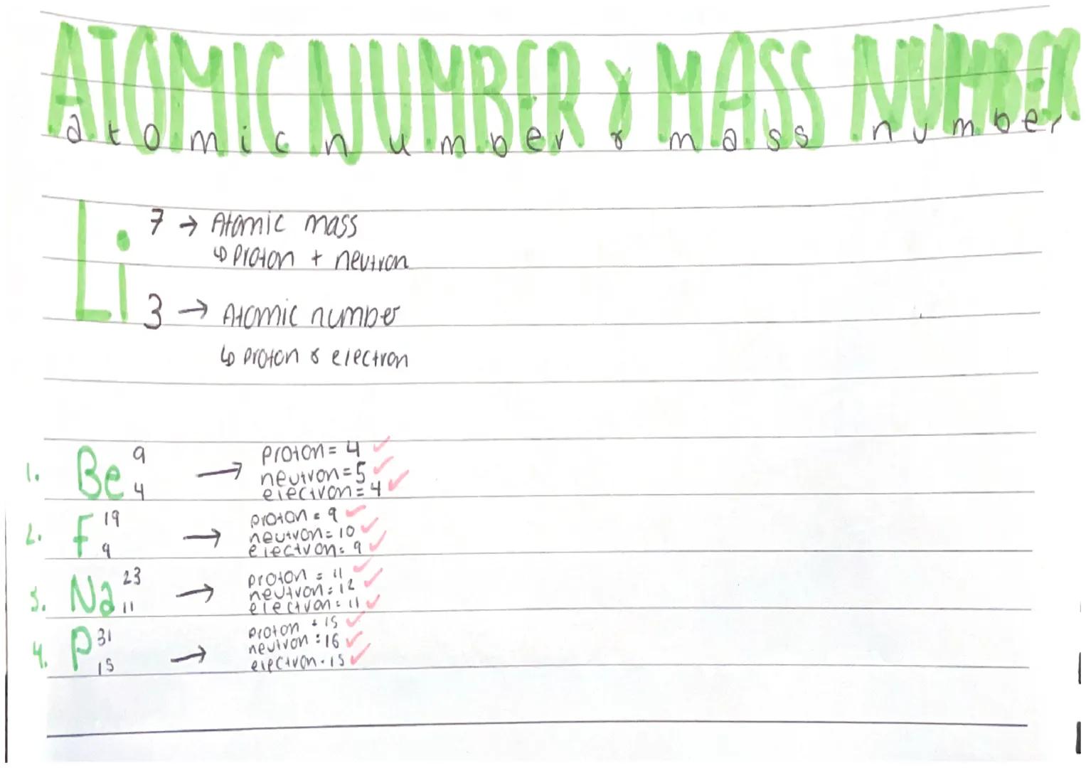 # ATOMIC NUMBERY MASS NUMBER

7 Atomic mass

Proton + neutron

3 Atomic number

Lo proton & electron

1. Be

2. F

3. Na

4. P31

9
4

19
9

